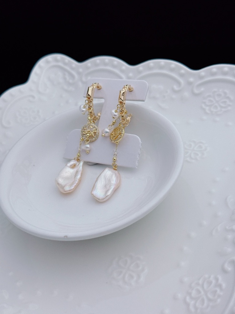 26E299 Handmade Freshwater Baroque Pearl Dangling Earrings Flower Petal Pearl - Picture 3 of 10